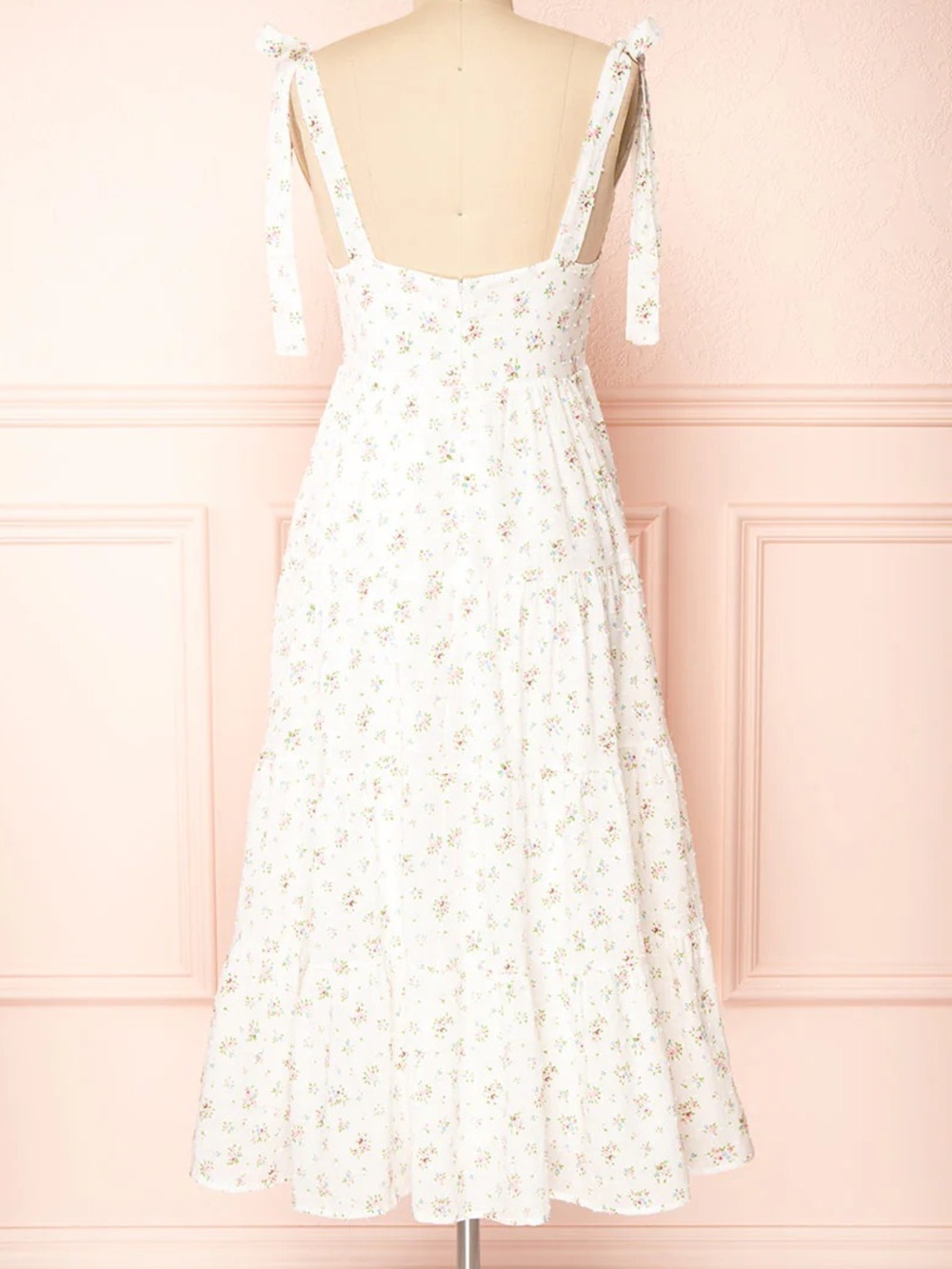 Storia White Floral Midi Cotton Swiss Dot Tiered Dress With Pink Accents - Picture 3 of 8